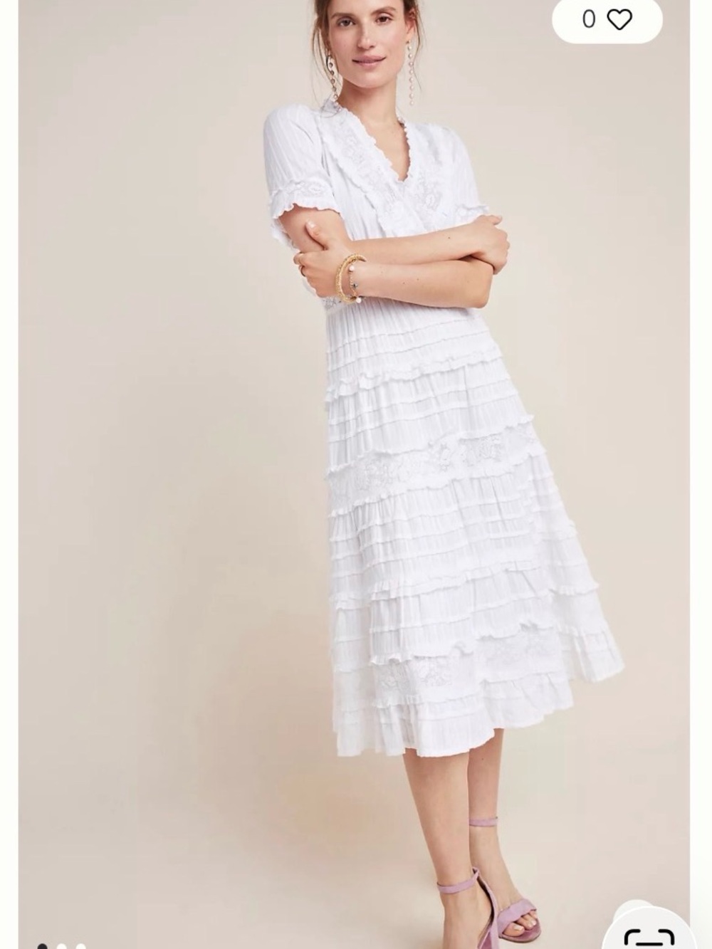 Love the Label White V-Neck Tiered Midi Dress with Lace Trim EUC